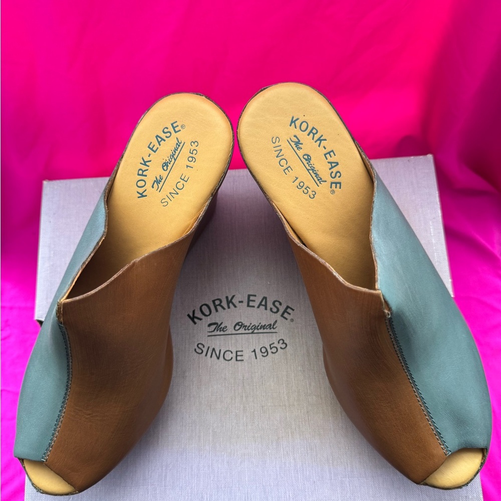 Kork-Ease Brown and Green Leather Mules
